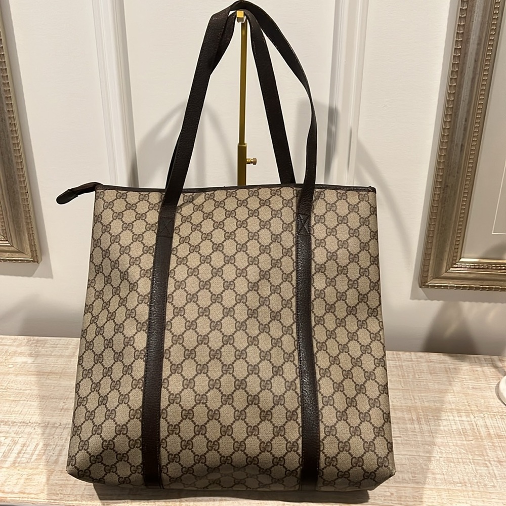 Gucci GG Coated Canvas & Brown Large Leather Tote Shoulder Overnight Bag EUC - Picture 2 of 12